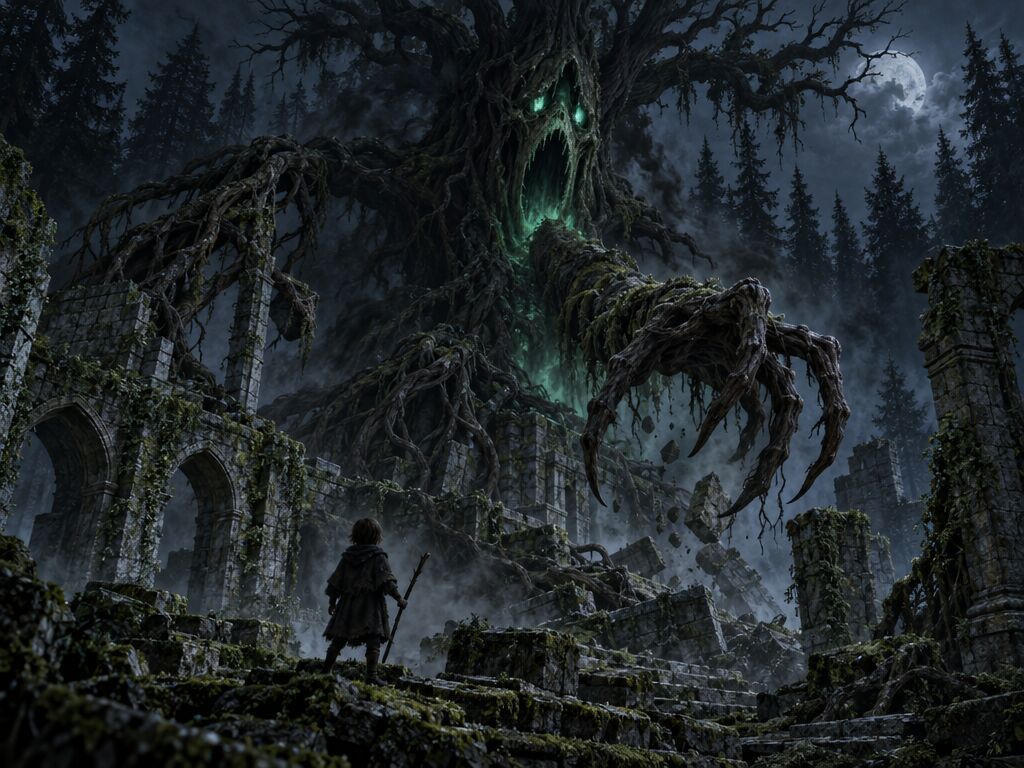 Groanroot, a towering shadow tree with arms of roots, rises above mossy ruins while a child watches.