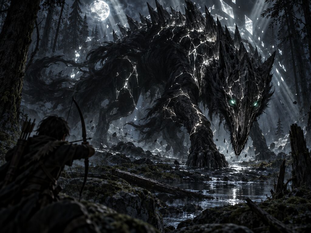 Nightrend, a huge four-legged shadow beast with cracks of light across its body, stalks towards a young archer.