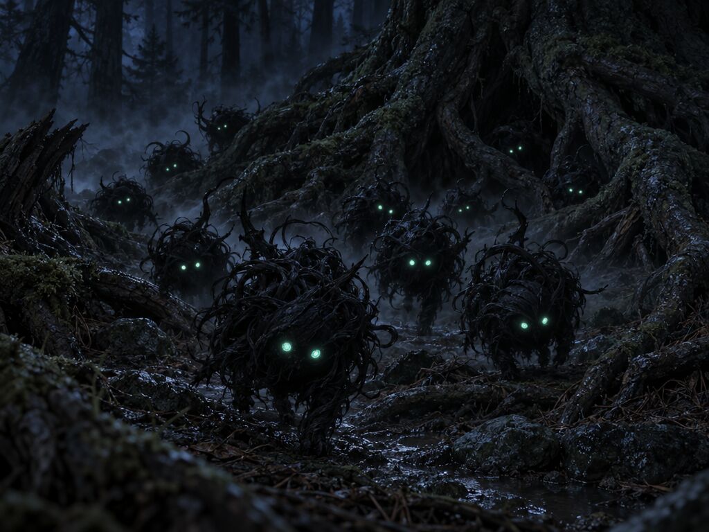 A swarm of small Noxlings, round tangles of black shadow with glowing green eyes, crawl out between pine roots.