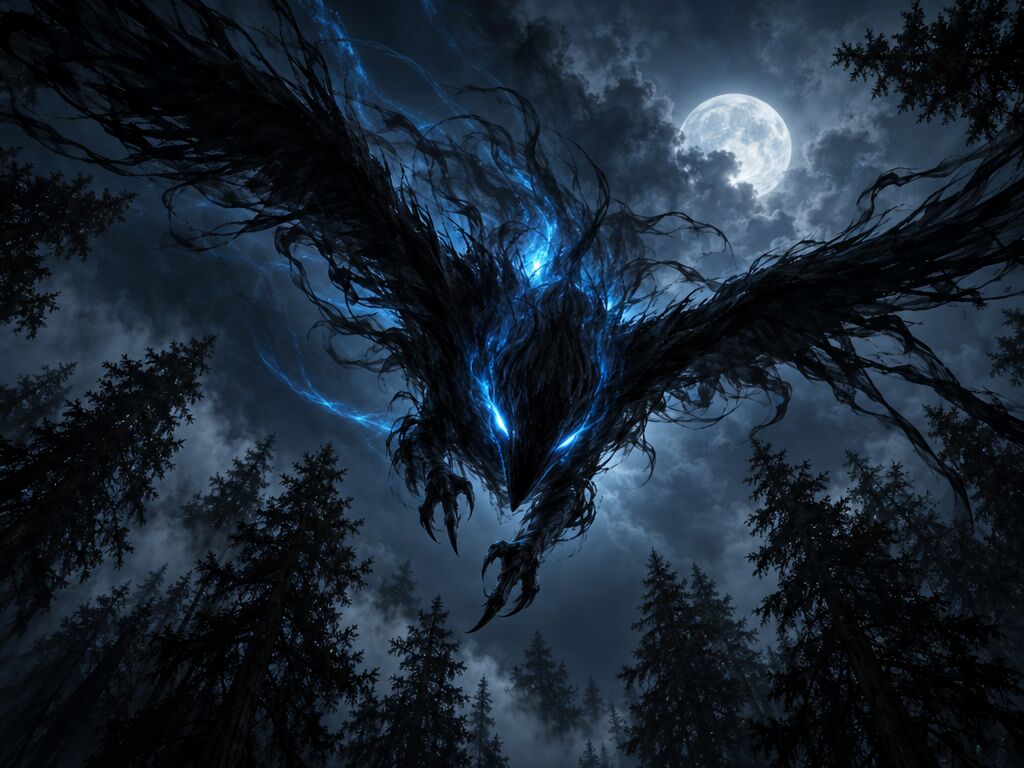 A Wispel, a bird-like creature of black shadow with a blue glow inside, dives down from the treetops.
