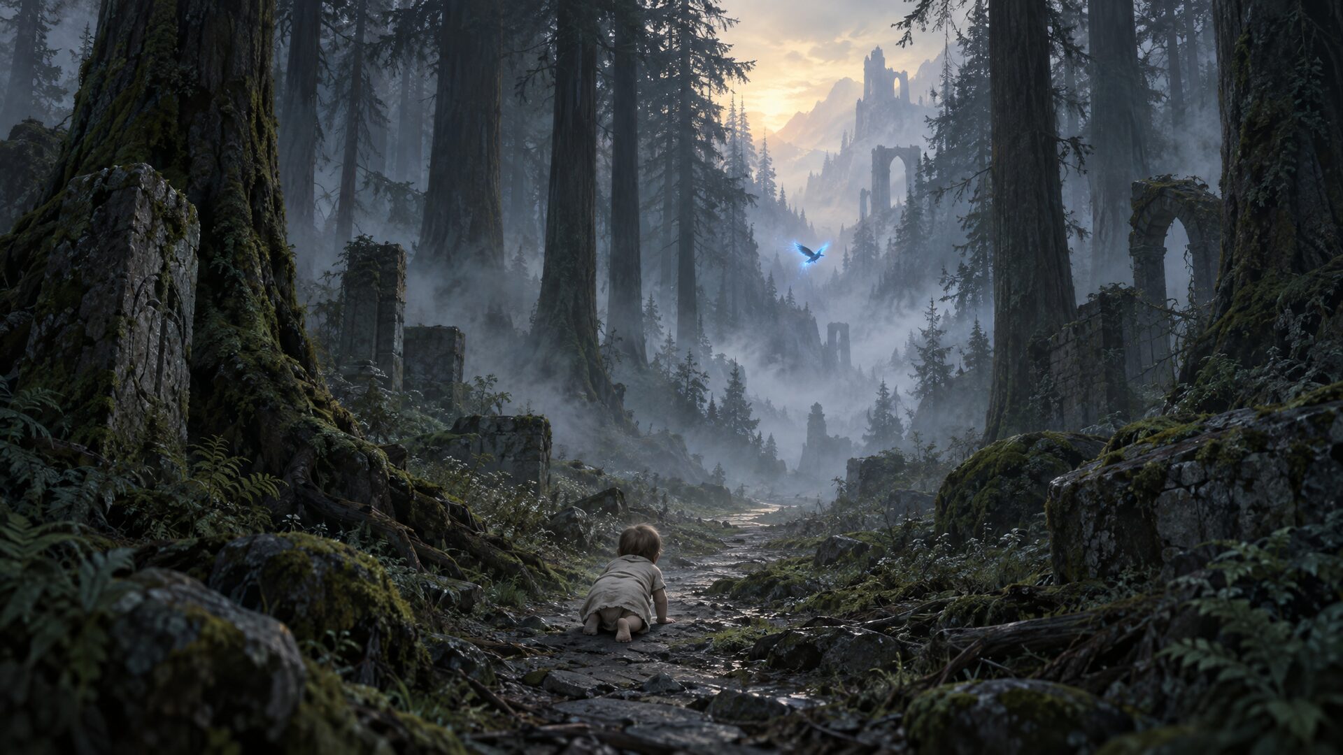A baby crawls along a misty forest path between tall pines. A Wispel flies in the distance.