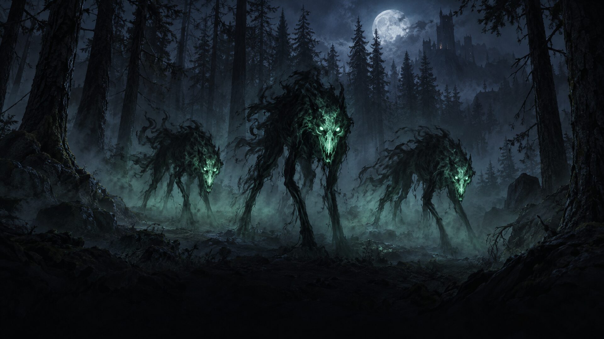 Three Shadehounds with glowing green heads stand in a pine forest at night.